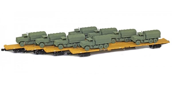AZL 901510-5OA RTTX 89' Flat Cars w/ Z-Panzer (8) M923 Loads | Olive | 4-Car Set