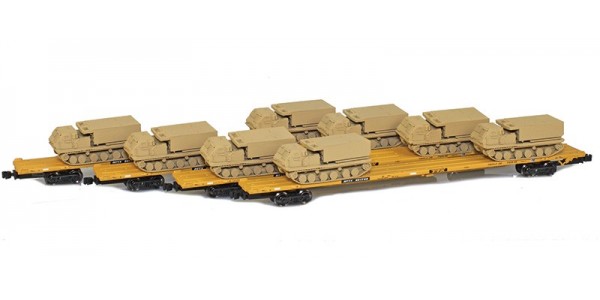 AZL 901510-5SB RTTX 89' Flat Cars w/ Z-Panzer (8) M270 Loads | Sand | 4-Car Set