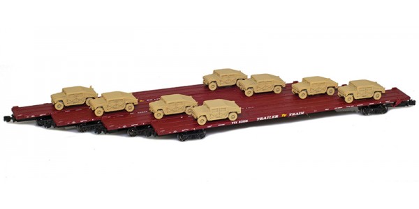 AZL 901510-6SC RTTX 89' Flat Cars w/ Z-Panzer (8) HMMWV Loads | Sand | 4-Car Set AZL 901510-6SC RTTX 89' Flat Cars w/ Z-Panzer (8) HMMWV Loads | Sand | 4-Car Set